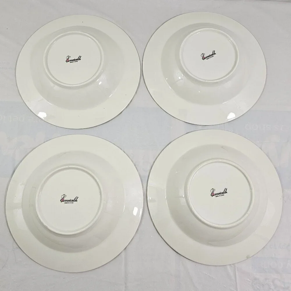 Emeiald White Floral Print Large Rimmed Ceramic Soup Salad Bowls – Set of 4
